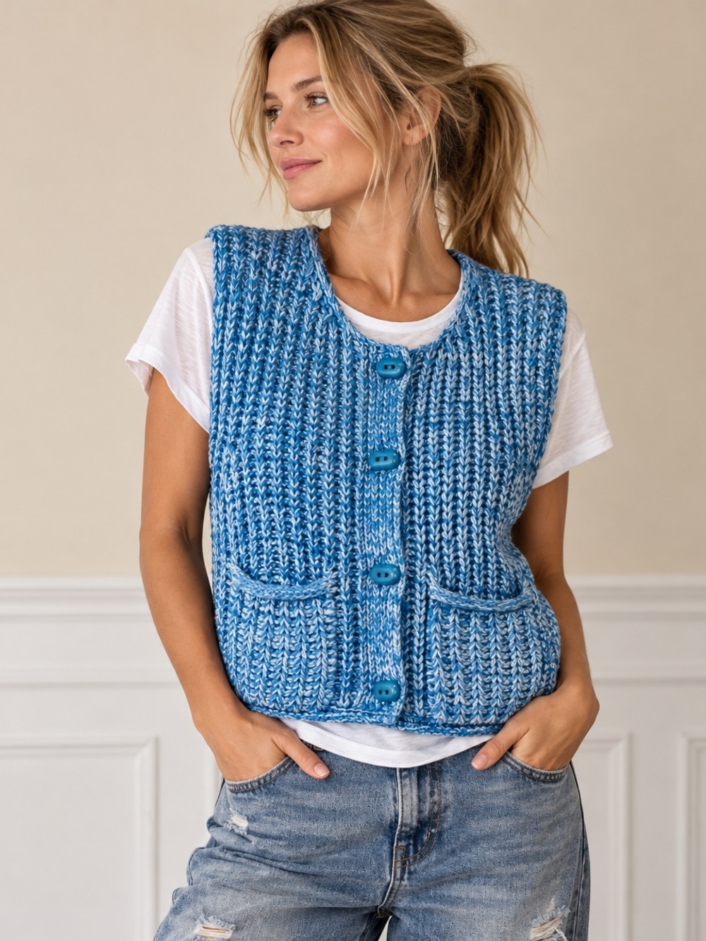 NWT - Cider Knitted Button Crop Vest in Marled Turquoise